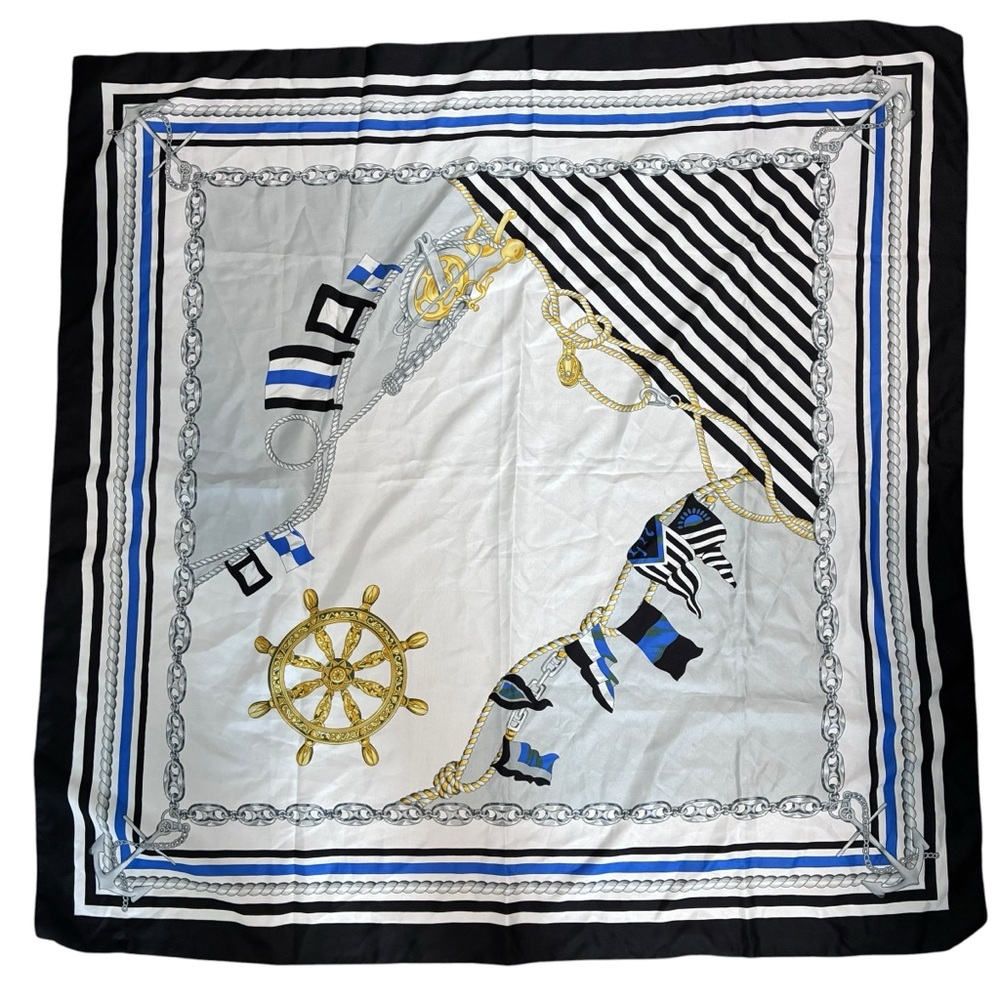 Nautical Print Silk-feel Scarf with Gold Rope & Wheel Motif - Black, White, Blue